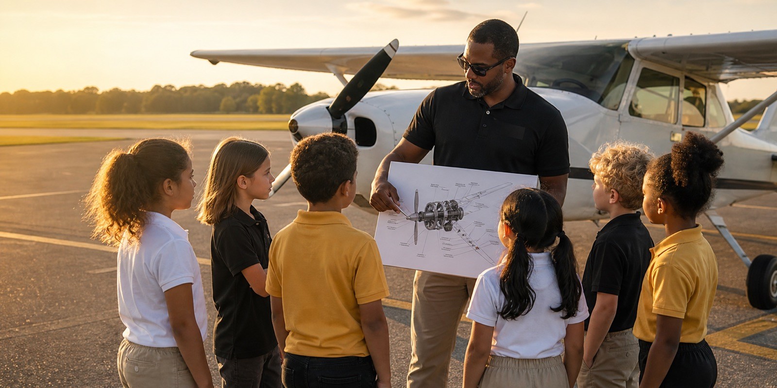 An instructor points to an aircraft engine diagram for six children gathered on the tarmac at golden hour, a small plane behind them.