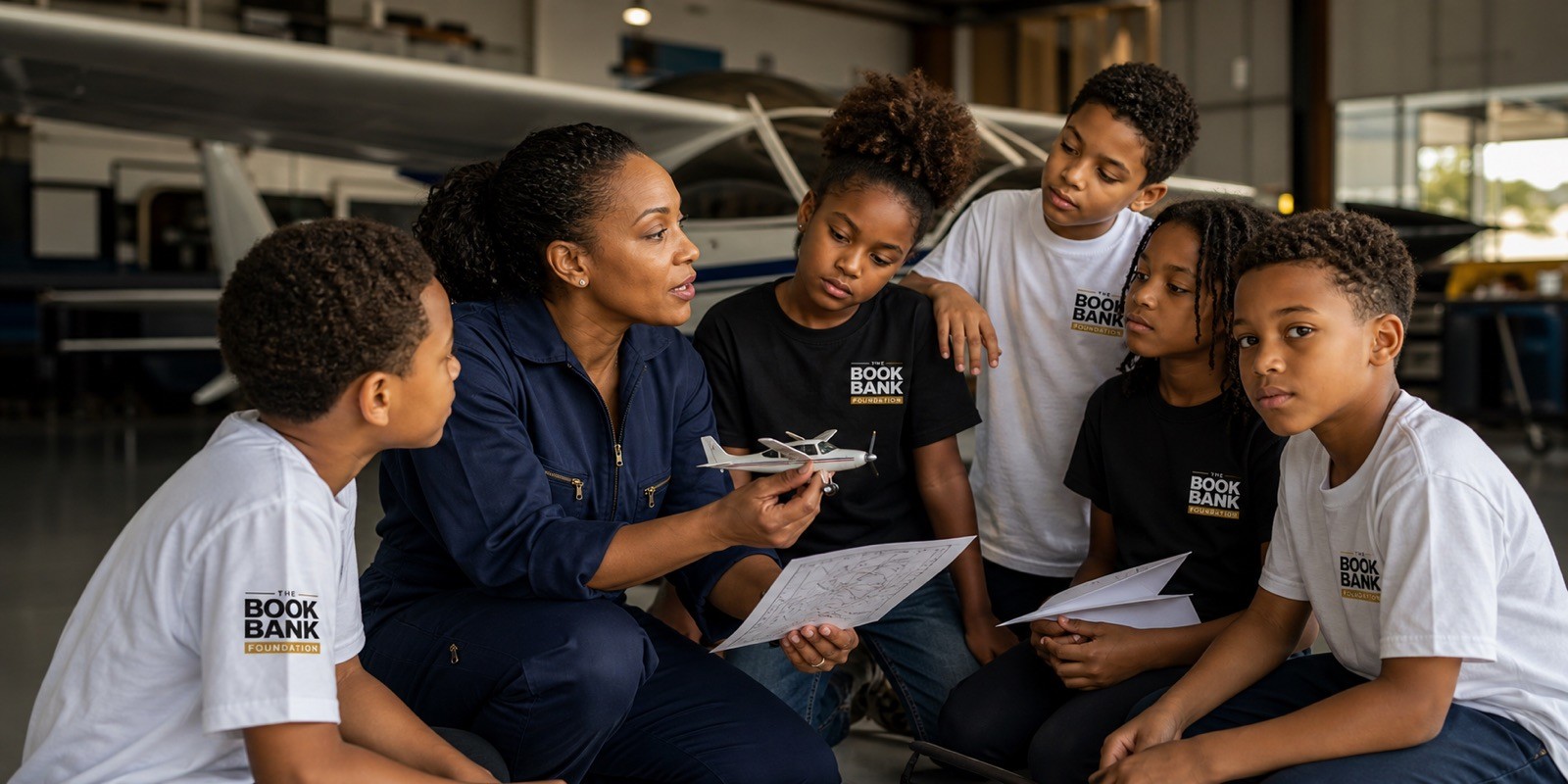 A mentor in a hangar holds a model plane while six attentive kids lean in around a wiring diagram.