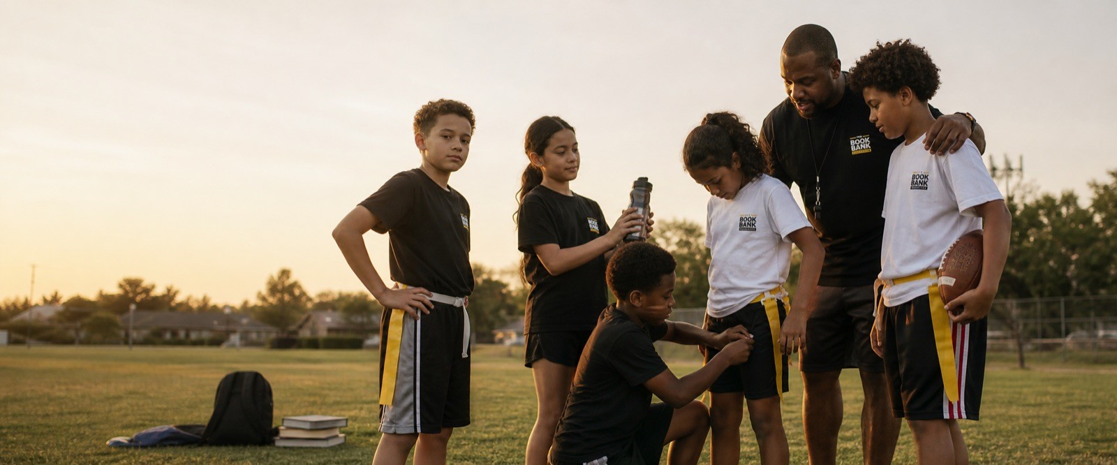 A coach huddles with five kids in flag football belts on a grass field at sunset, a stack of books beside their backpacks.